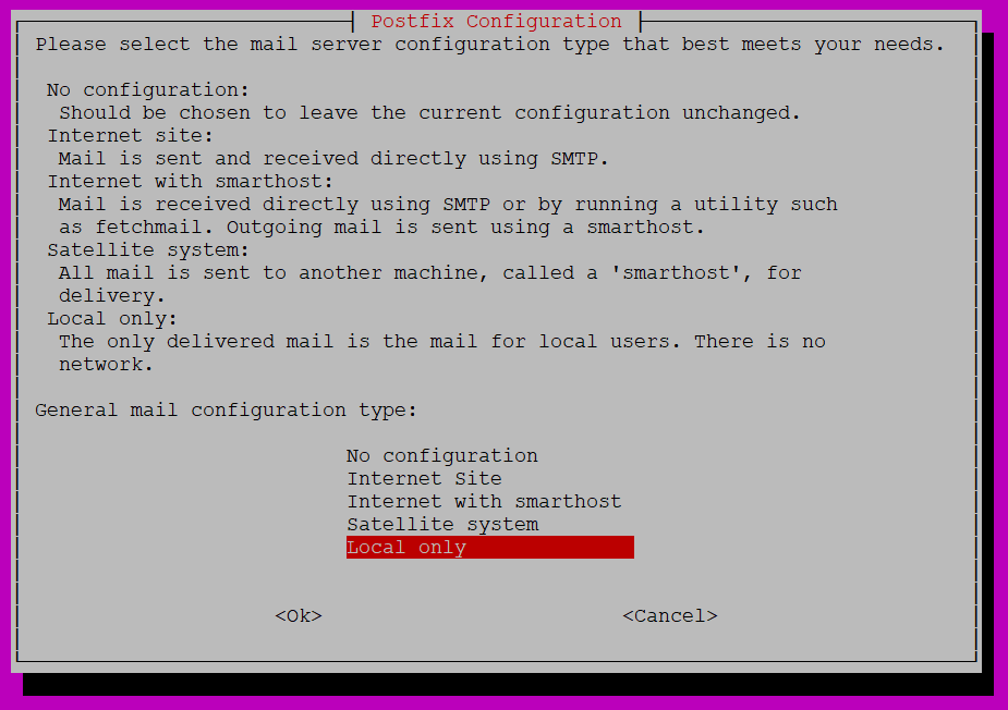 Мастер настройки пакета Postfix в Ubuntu Linux
