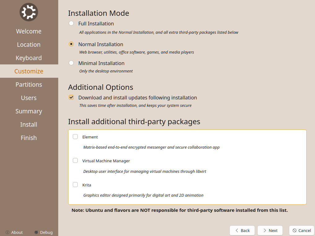 Режим установки ПО в Kubuntu Linux