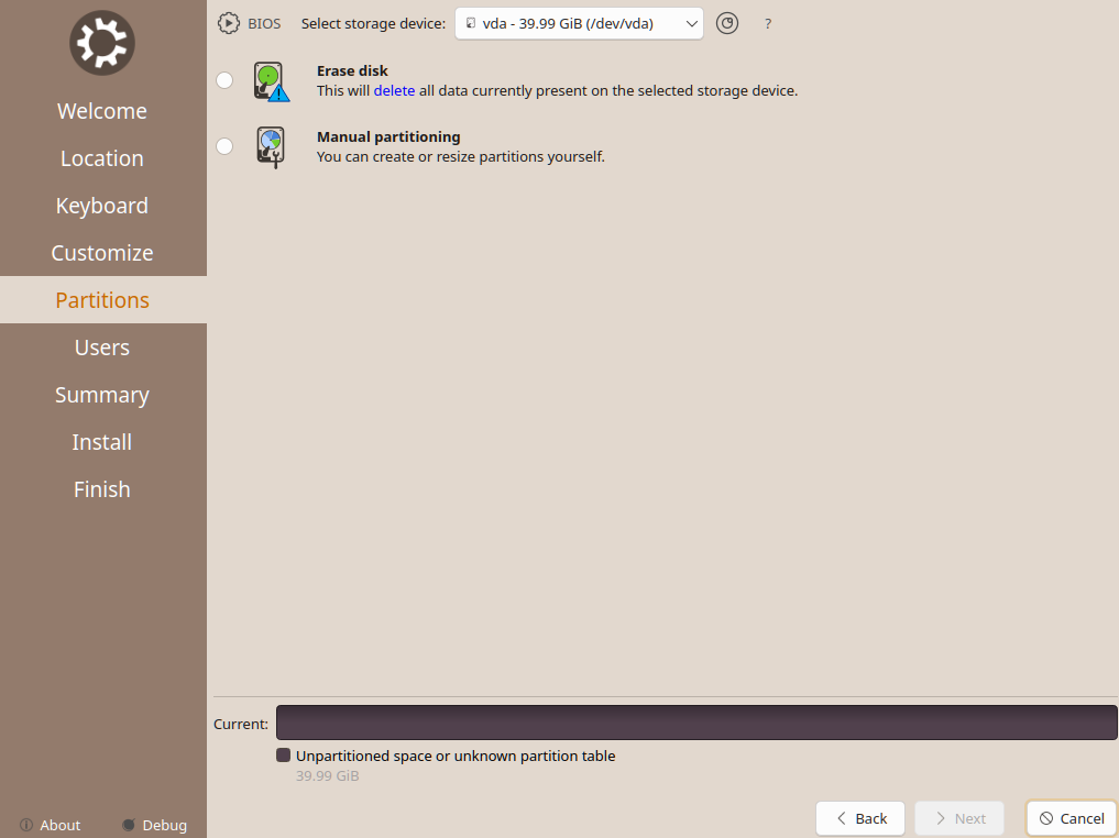 Управление разделами на этапе установки Kubuntu Linux