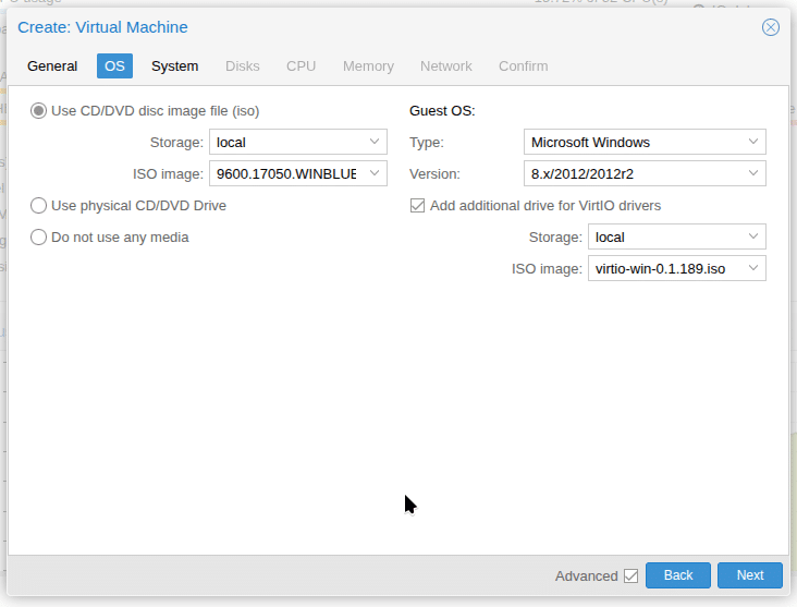 Выбираем тип операционной системы гостя в Microsoft Windows, выбираем версию. Источник образа дистрибутива. Добавляем дополнительный диск для VirtIO drivers.