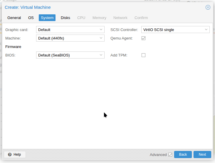Далее выбираем пункт активировать Qemu Agent и проверяем тип SCSI Controlleer.