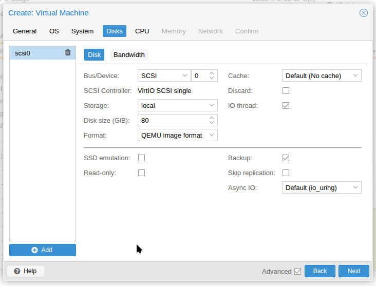 Далее указываем объем диска тип кэширования.