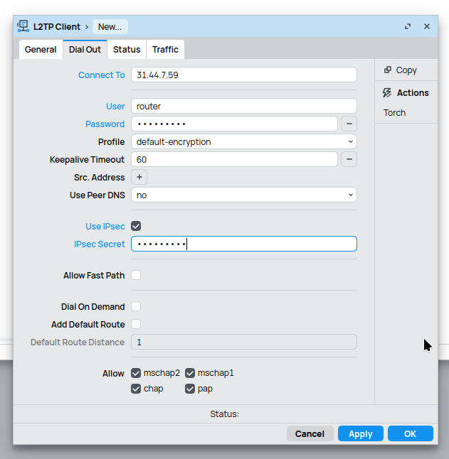 Обычное окошко настройки L2TP/IPSEC в Микротике.