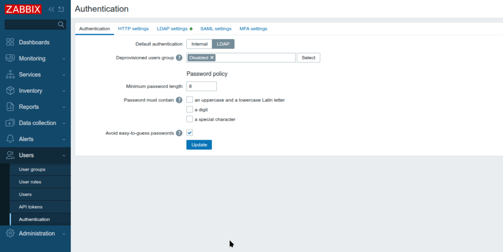 Настройки аутентификации.