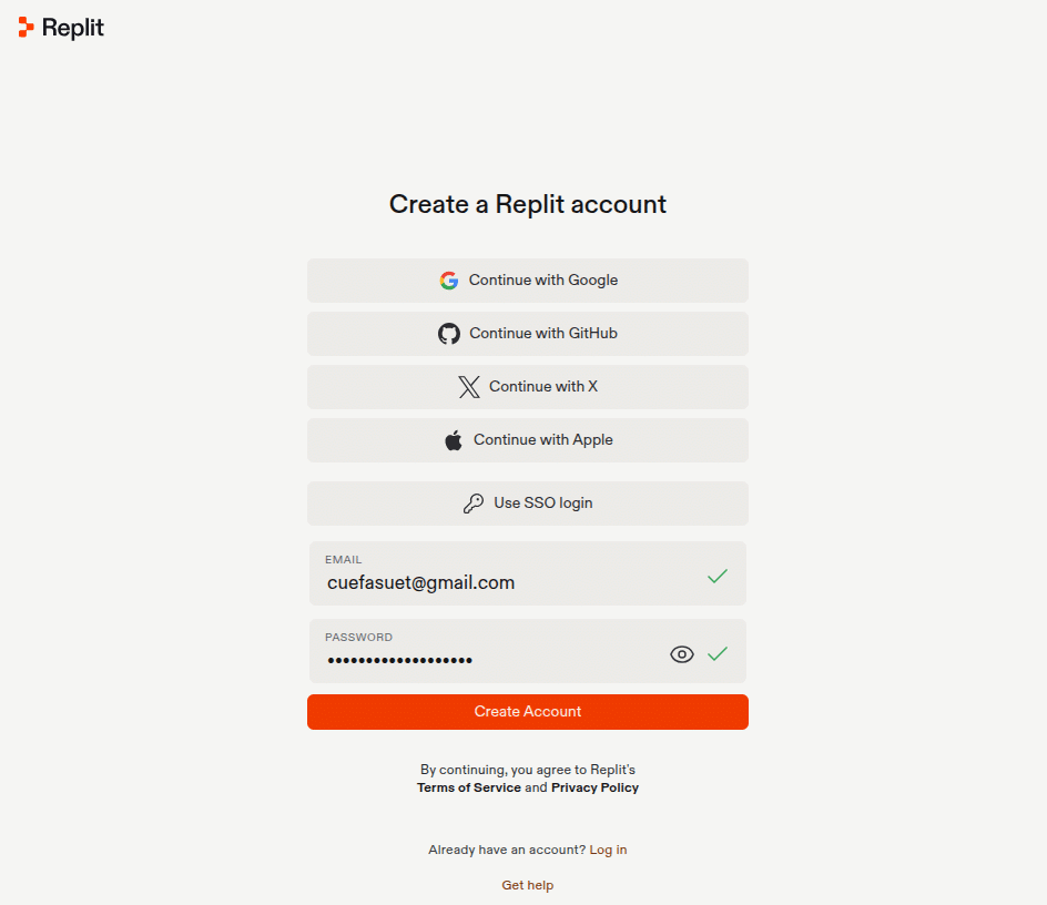 Регистрация на сервисе Replit