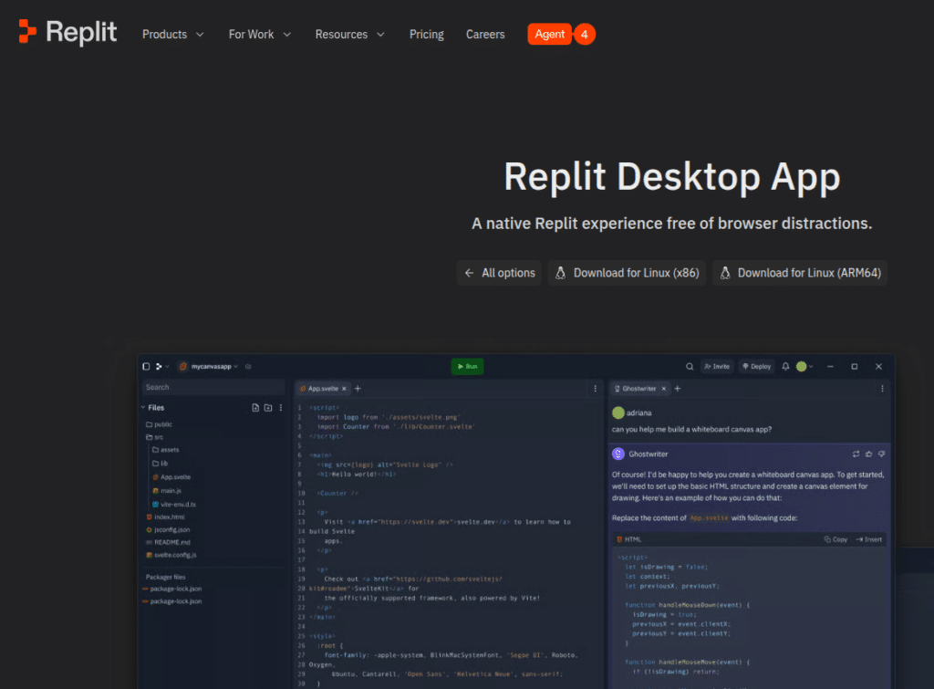 Replite Desktop App загрузка AI приложения для вайбкодинга