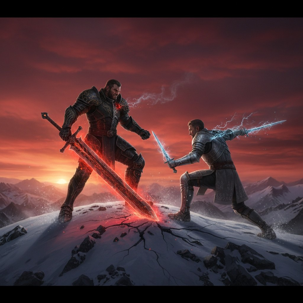 Тёмное небо прорезали вспышки магических заклинаний, гремел гром расколовшихся камней, ревели звери, выпущенные из глубин подземелий. Могучий герой, вооружённый огненным мечом, встретил чудовищную тварь, покрытую чешуёй тьмы; сила её заключалась в тенях, струившихся сквозь миры. Щит героя отразил первый сокрушительный удар когтей, огонь молнии зажёг лес позади него, искры взрывались, ослепляя врагов. Размахивая мечом, герой нанес точный удар, разрезавший плоть монстра, испустившего душераздирающий крик. На земле остался лежать поверженный враг, оставив победителю память о великом сражении, славе и вечности.
