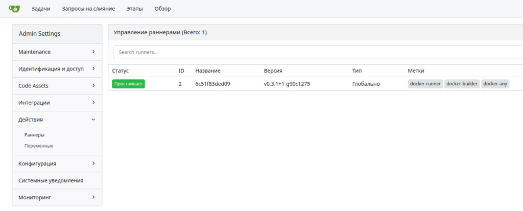 Запущеный ранер в web-интерфейсе