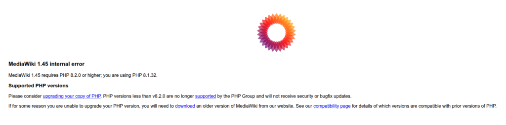 Медиа-вики требует для работы PHP 8.2 и выше.